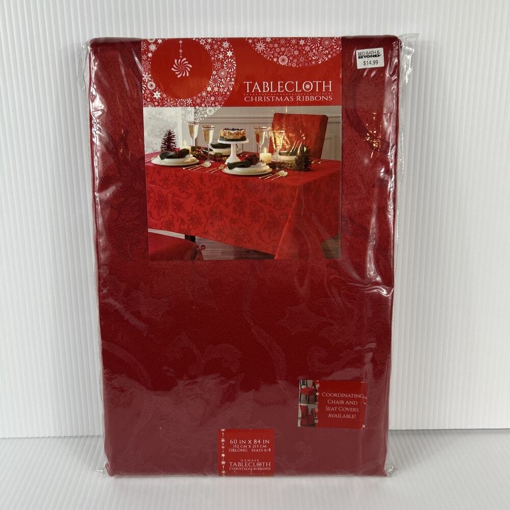 Tablecloth Christmas Ribbons 60 x 84 Oblong Damask Ruby Red Town & Country NEW